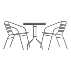 Afuera Living 23.5&quot Square Glass Frame Table with 2 Silver Slat Back Chairs