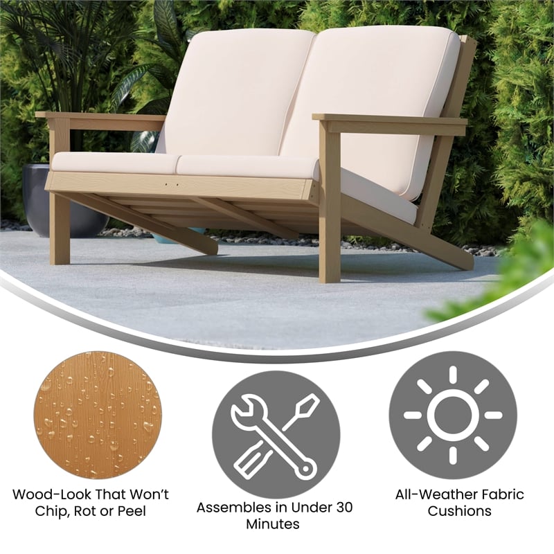 Afuera Living Poly Resin Adirondack Loveseat & Cushions in Natural Cedar/Cream