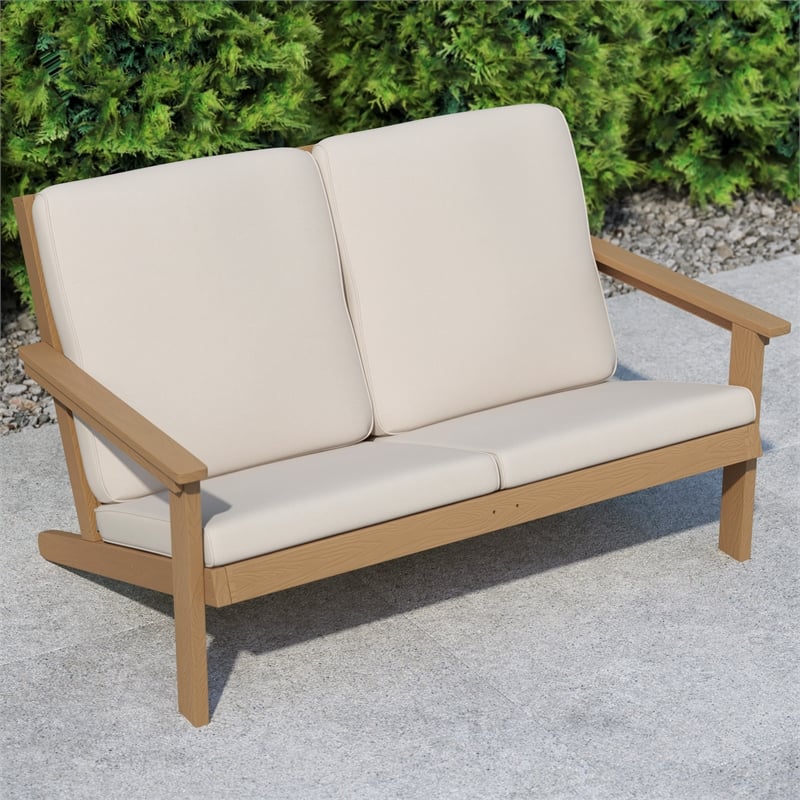 Afuera Living Poly Resin Adirondack Loveseat & Cushions in Natural Cedar/Cream
