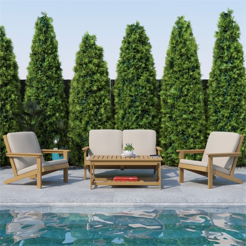 Afuera Living Poly Resin Adirondack Loveseat & Cushions in Natural Cedar/Cream