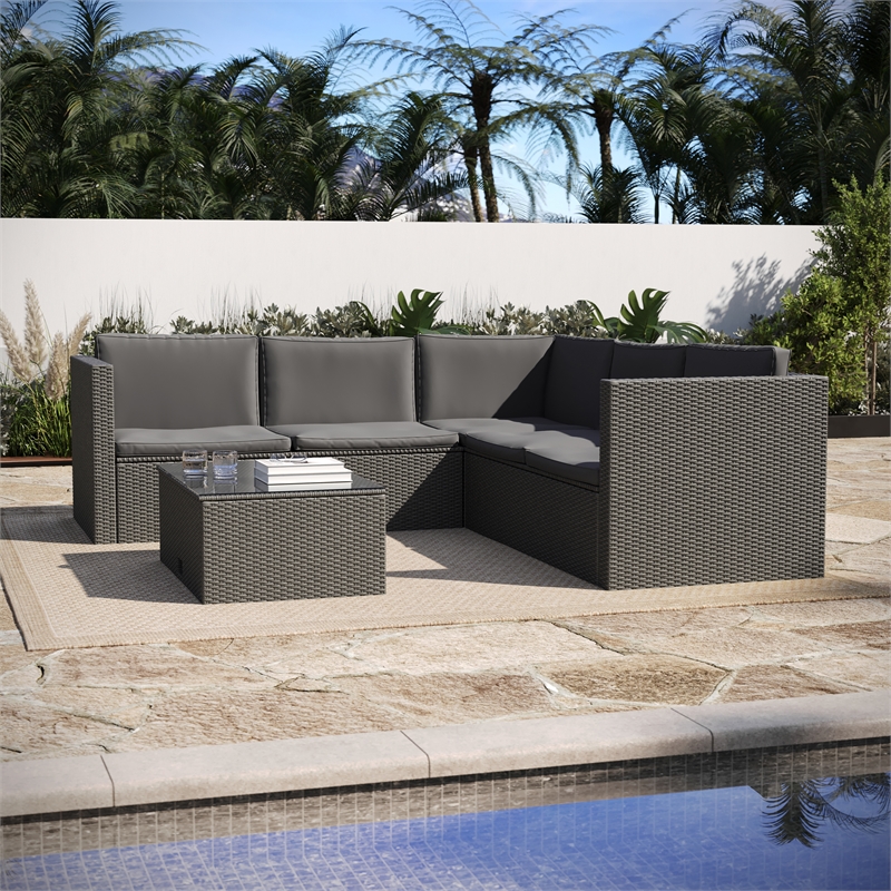 Afuera Living Indoor/Outdoor Patio Wicker Rattan Sofa and Table Set in Gray
