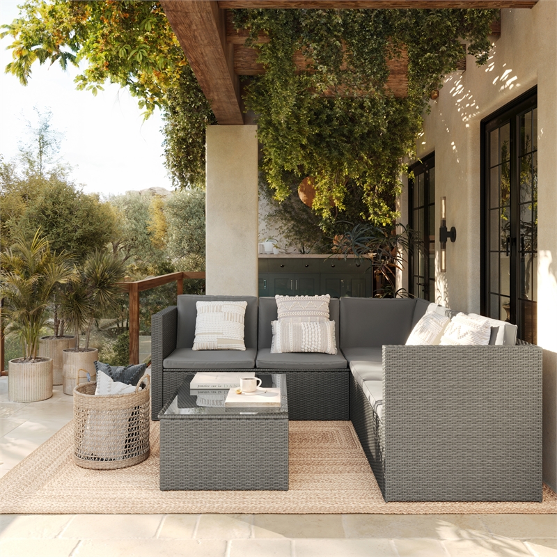 Afuera Living Indoor/Outdoor Patio Wicker Rattan Sofa and Table Set in Gray