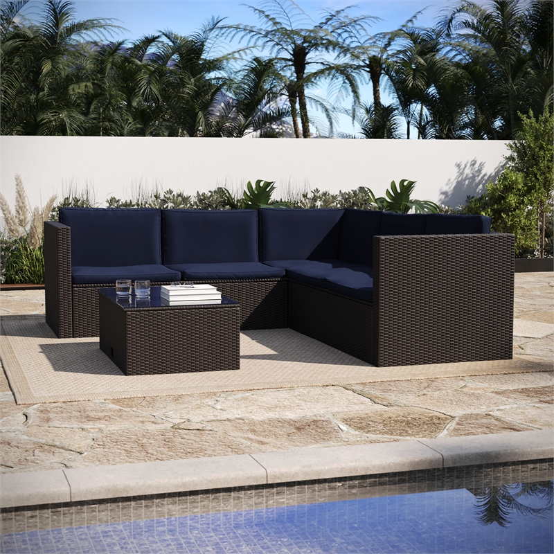 Afuera Living Patio Wicker Rattan Sofa & Table Set in Brown & Navy
