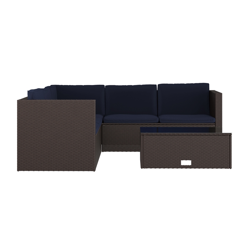 Afuera Living Patio Wicker Rattan Sofa & Table Set in Brown & Navy