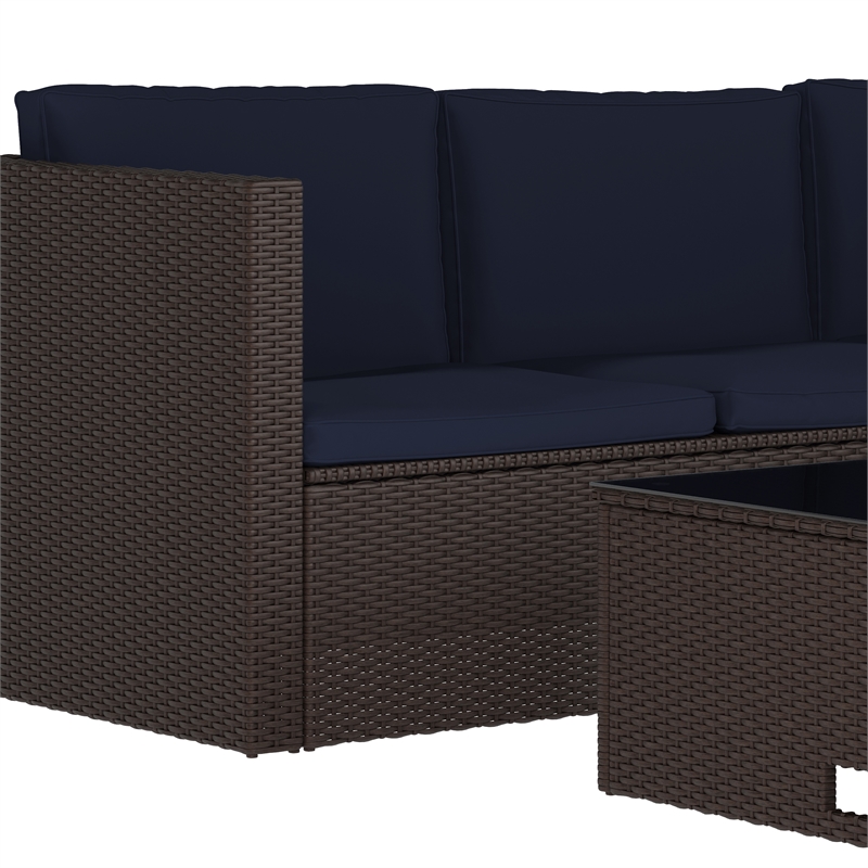 Afuera Living Patio Wicker Rattan Sofa & Table Set in Brown & Navy