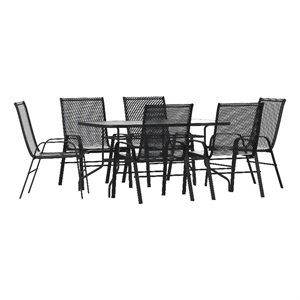 Afuera Living 7 Pc Patio Dining Set - 55&quot Glass Patio Table 6 Black Stack Chairs