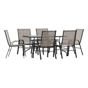 Afuera Living 7 Pc Patio Dining Set - 55&quot Glass Patio Table 6 Brown Stack Chairs