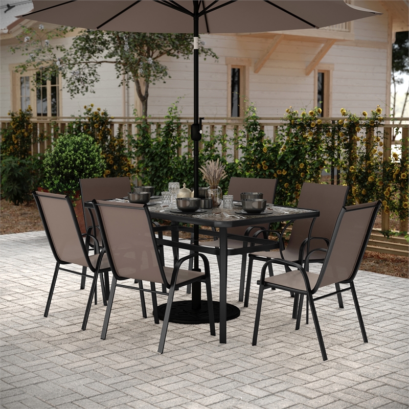 Afuera Living 7 Pc Outdoor Patio Dining Set with Glass Table & 6 Chairs in Brown