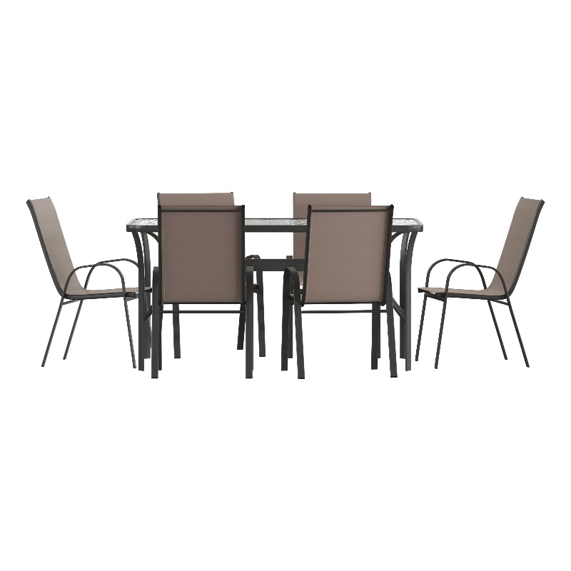 Afuera Living 7 Pc Outdoor Patio Dining Set with Glass Table & 6 Chairs in Brown