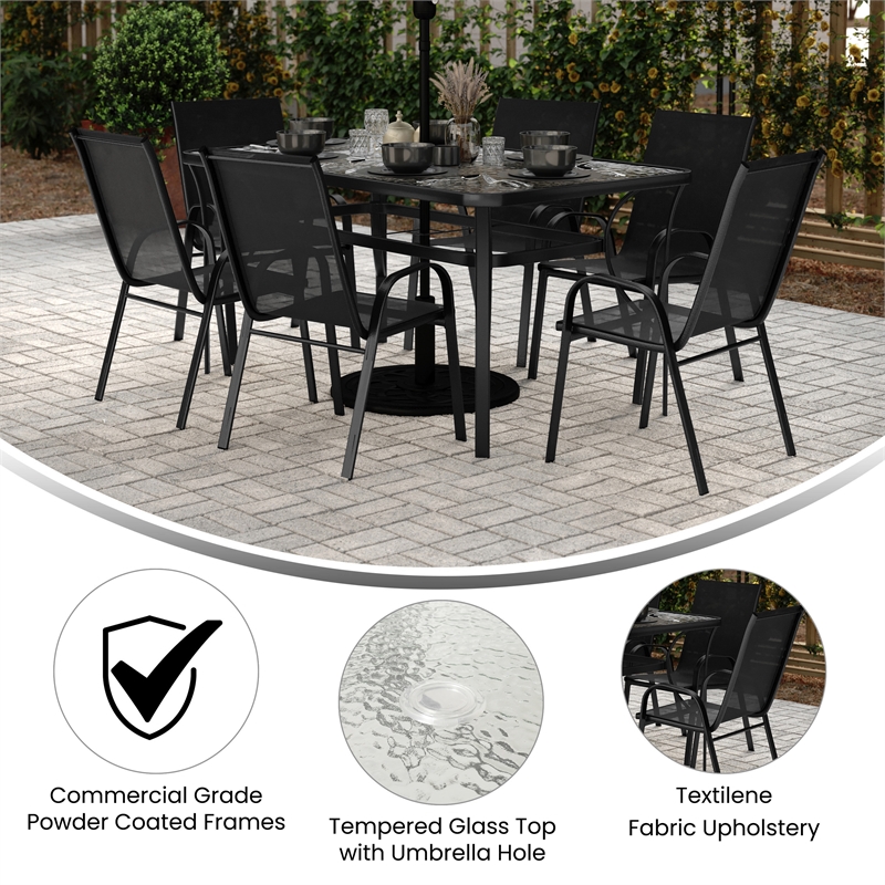 Afuera Living 7 Pc Outdoor Patio Dining Set with Glass Table & 6 Chairs in Black
