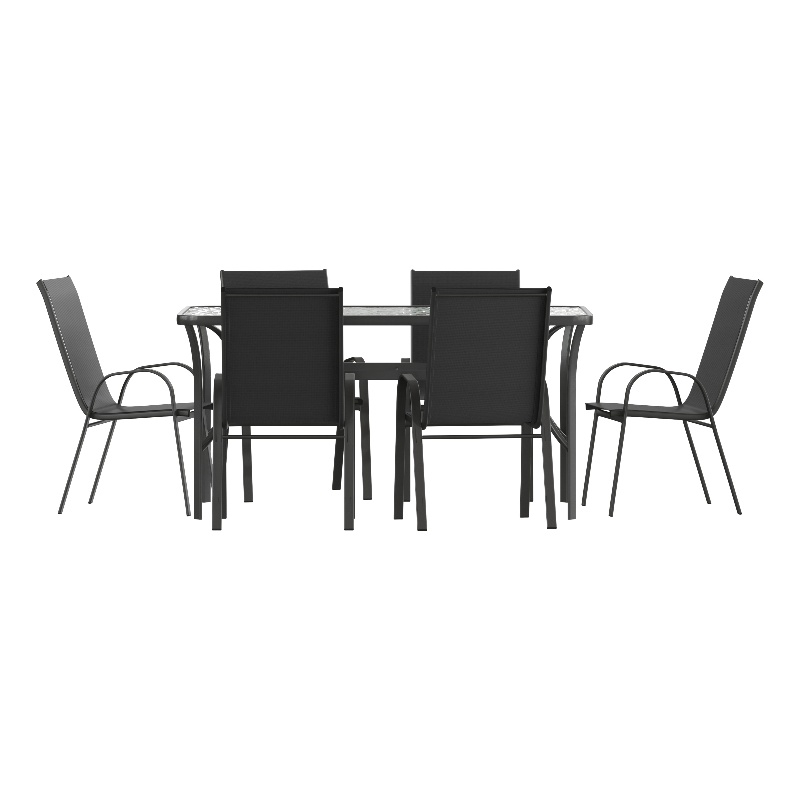 Afuera Living 7 Pc Outdoor Patio Dining Set with Glass Table & 6 Chairs in Black