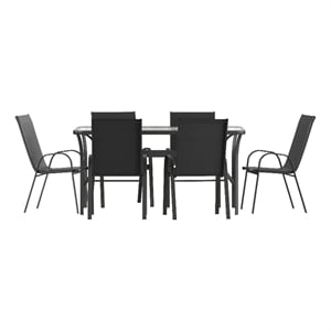 Afuera Living 7 Pc Outdoor Patio Dining Set with Glass Table & 6 Chairs in Black