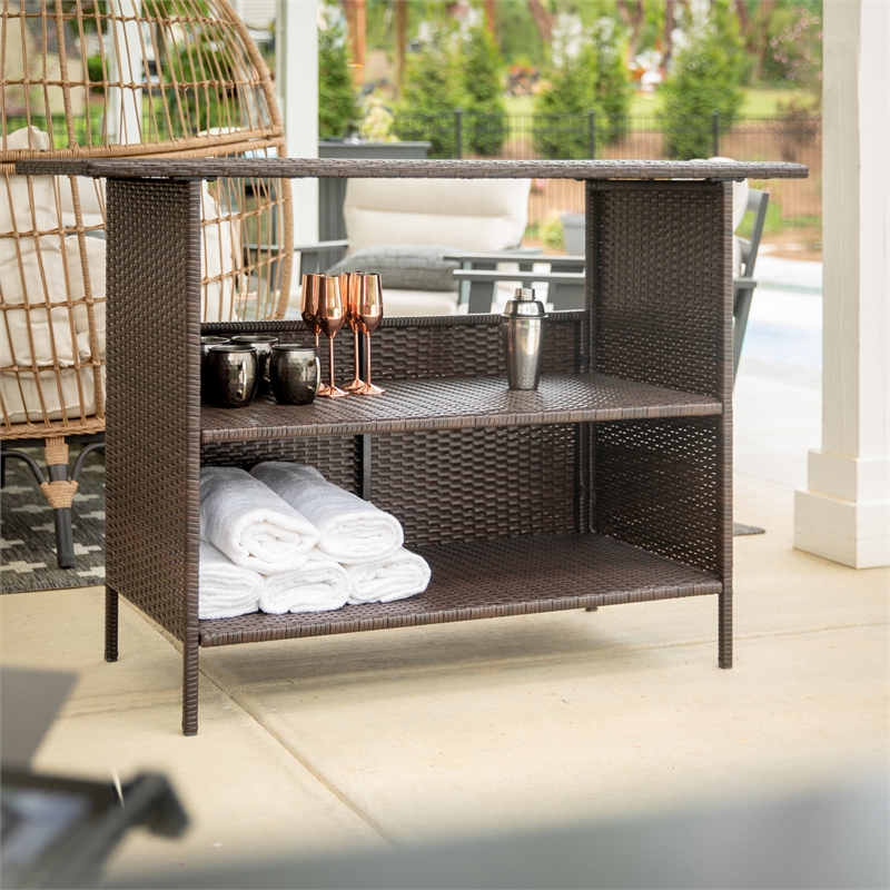 Afuera Living Wicker Rattan Patio Bar Counter Table with Two Shelves in Brown