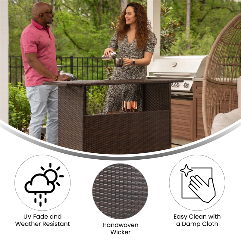 Afuera Living Wicker Rattan Patio Bar Counter Table with Two Shelves in Brown