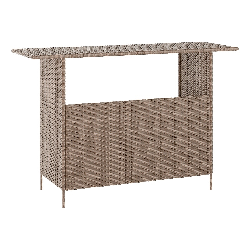 Afuera Living Wicker Rattan Patio Bar Counter Table with Two Shelves in Brown