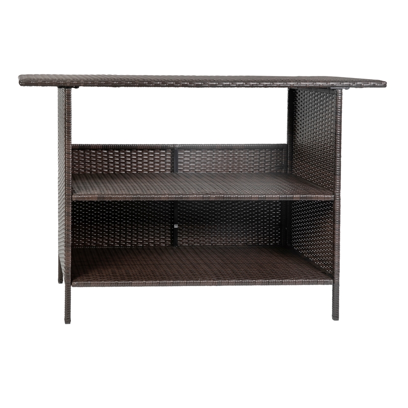 Afuera Living Wicker Rattan Patio Bar Counter Table with Two Shelves in Brown