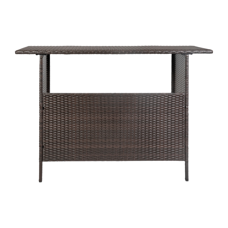 Afuera Living Wicker Rattan Patio Bar Counter Table with Two Shelves in Brown