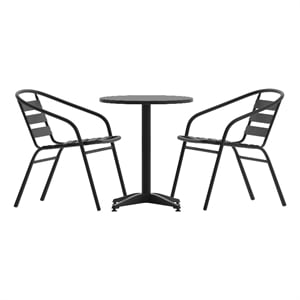 Afuera Living 23.5&quot Round Glass Frame Table with 2 Black Slat Back Chairs