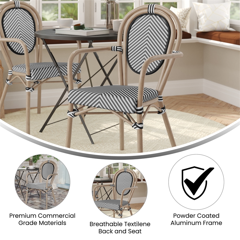 Afuera Living Paris Chair with Arms & Natural Metal Frame in Black/White