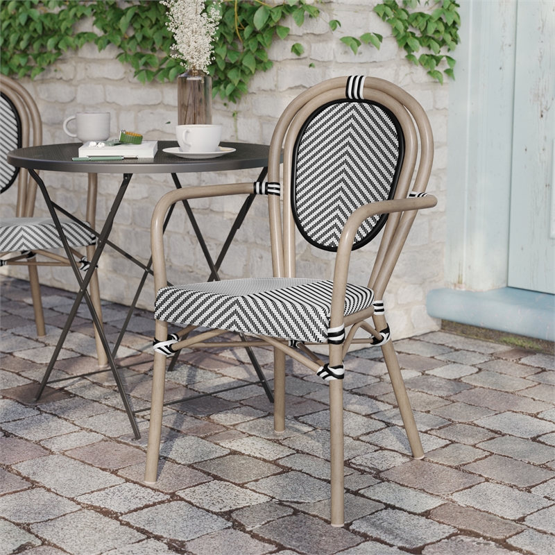Afuera Living Paris Chair with Arms & Natural Metal Frame in Black/White