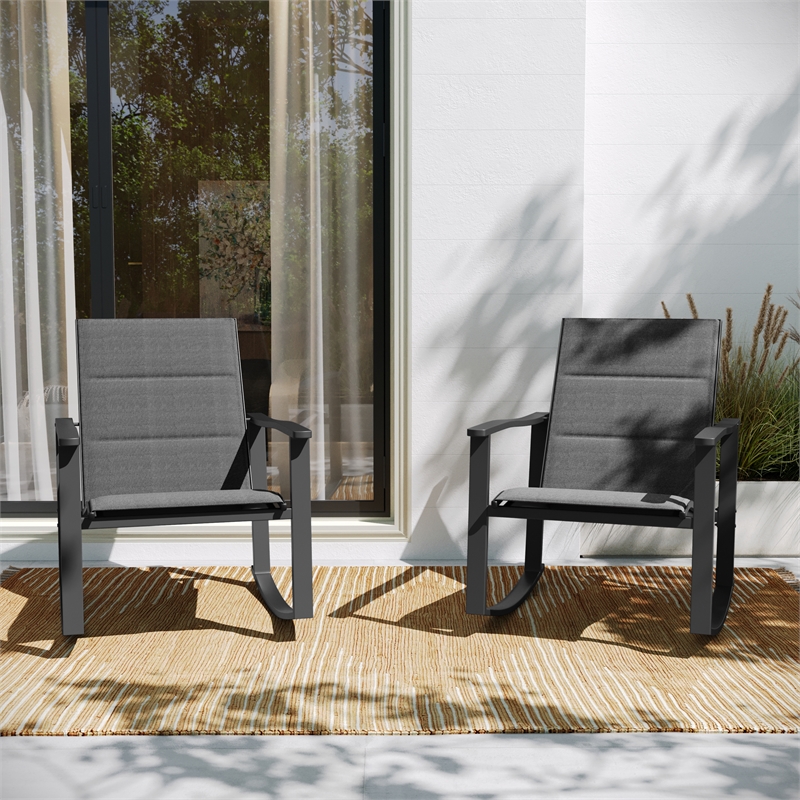 Afuera Living Set of 2 Flex Rocking Chairs with Metal Frames in Black/Black