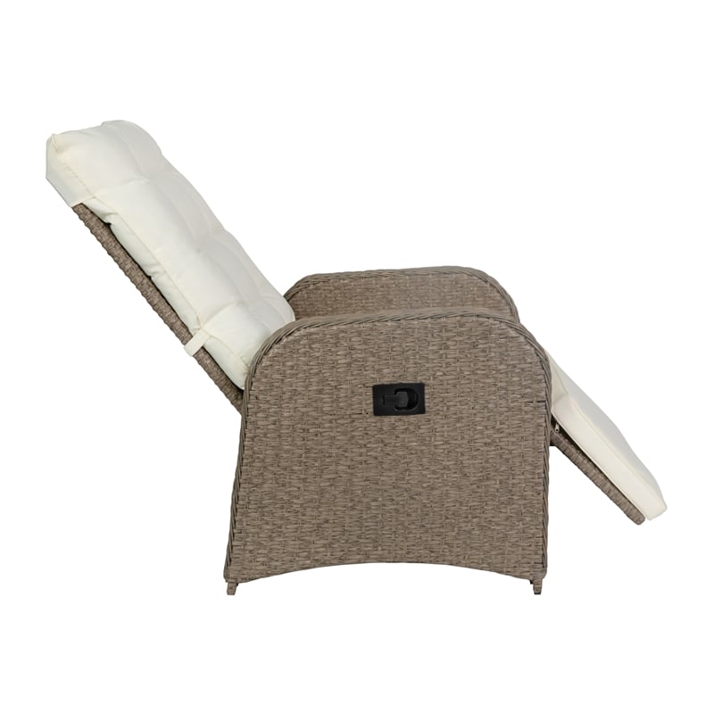 Afuera Living Wicker Rattan Recliner with Flip-Up Side Table in Beige & Brown