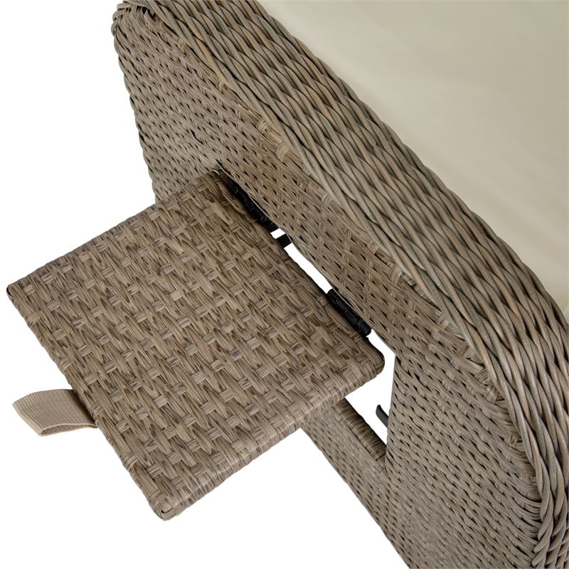 Afuera Living Wicker Rattan Recliner with Flip-Up Side Table in Beige & Brown