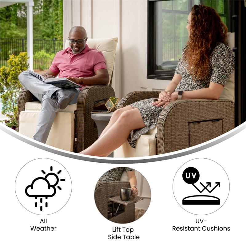 Afuera Living Wicker Rattan Recliner with Flip-Up Side Table in Beige & Brown