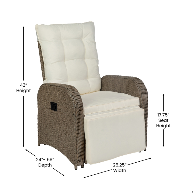 Afuera Living Wicker Rattan Recliner with Flip-Up Side Table in Beige & Brown