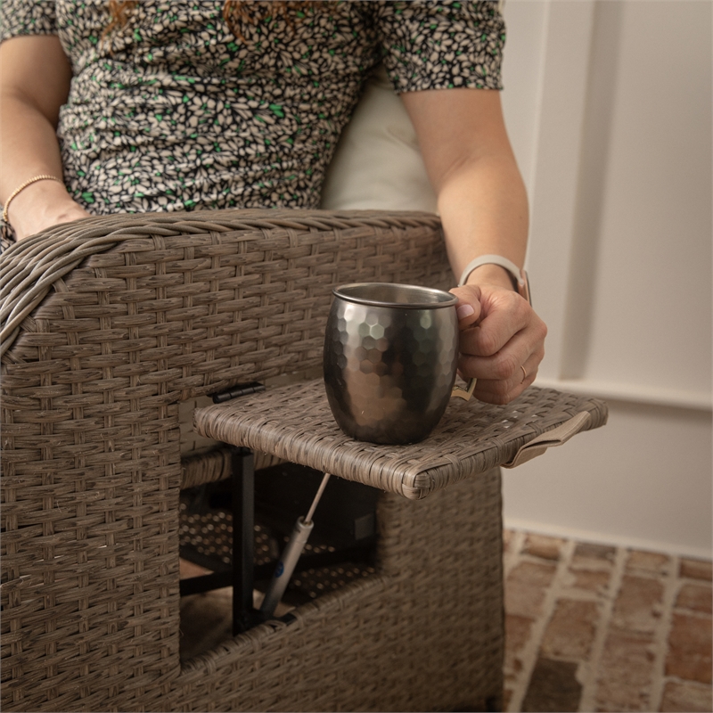 Afuera Living Wicker Rattan Recliner with Flip-Up Side Table in Beige & Brown