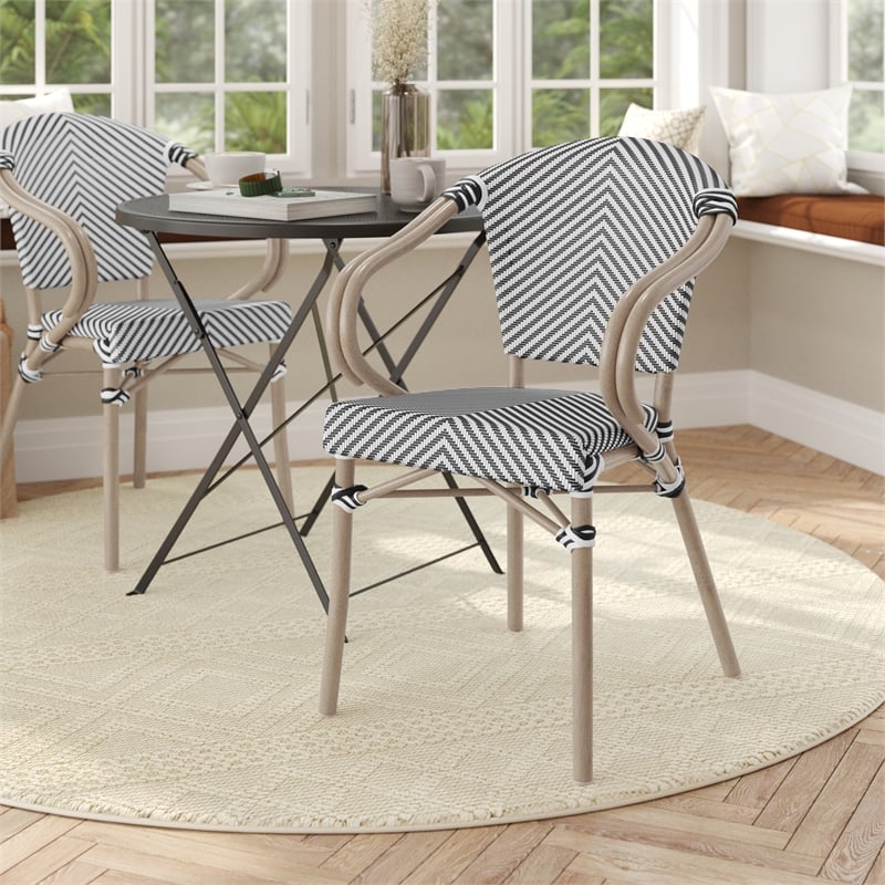 Afuera Living Paris Chair with Arms & LT Natural Metal Frame in Black/White