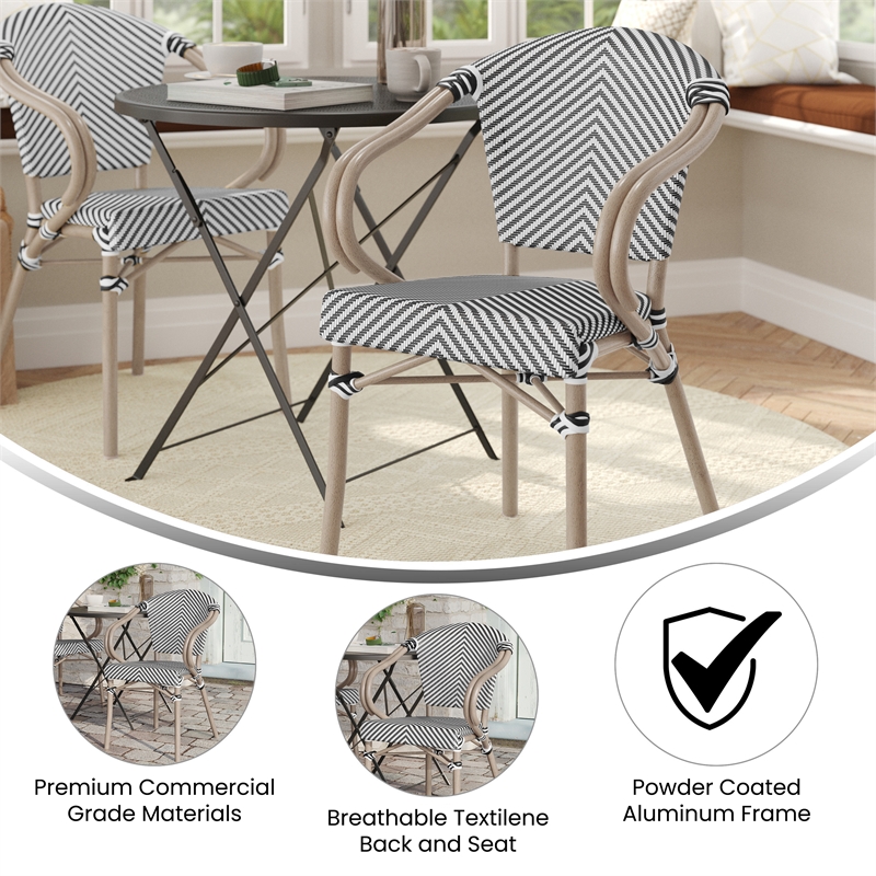 Afuera Living Paris Chair with Arms & LT Natural Metal Frame in Black/White