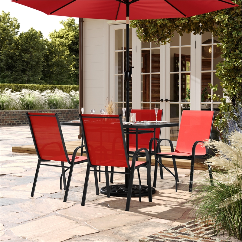 Afuera Living 5 Pc Outdoor Patio Dining Set with Glass Table & 4 Chairs in Red