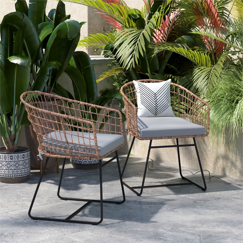 Afuera Living 2-Pack Natural Rattan Rope Club Chairs - Light Gray Seat Cushions