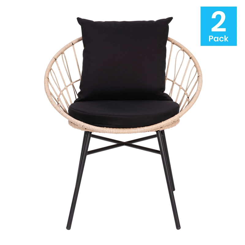 Afuera Living Rattan Rope Chairs with Back & Seat Cushions in Tan/Black
