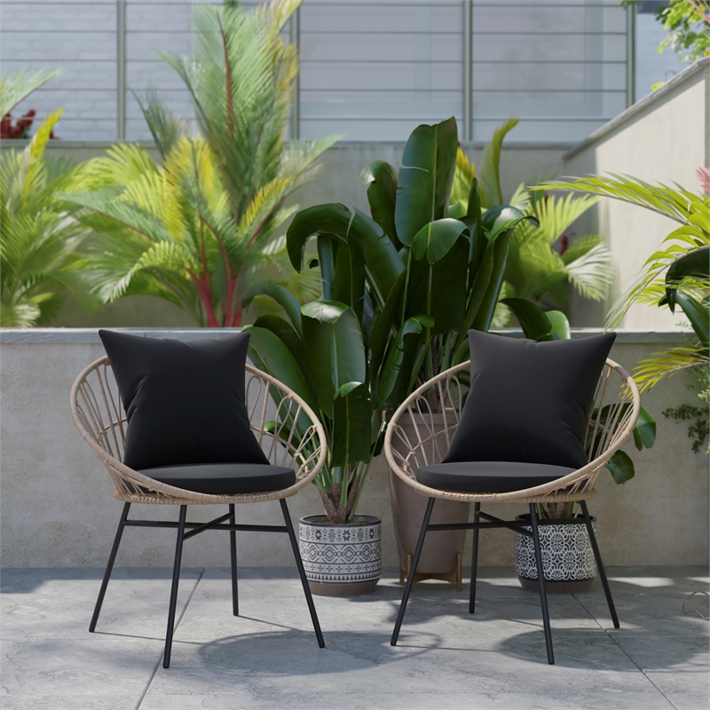 Afuera Living Rattan Rope Chairs with Back & Seat Cushions in Tan/Black