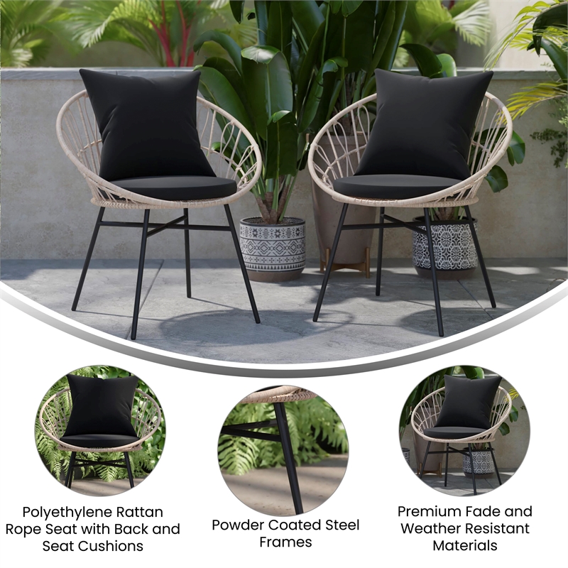 Afuera Living Rattan Rope Chairs with Back & Seat Cushions in Tan/Black