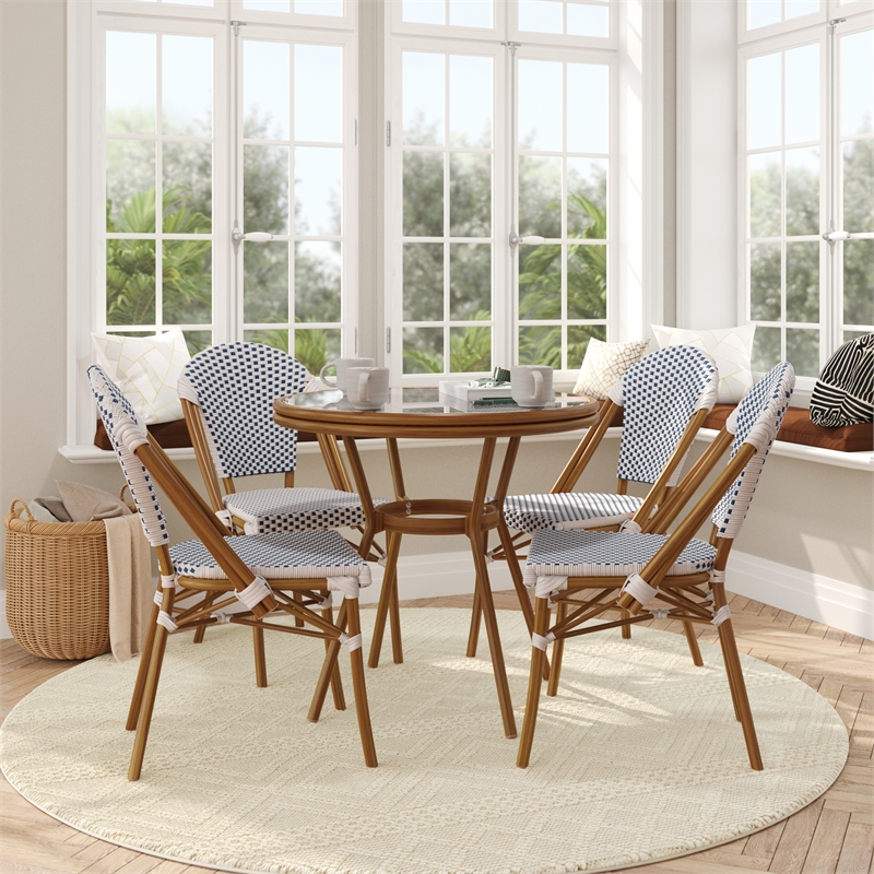 Afuera Living Indoor/Outdoor Bistro Set with Table & 4 Chairs in White/Navy