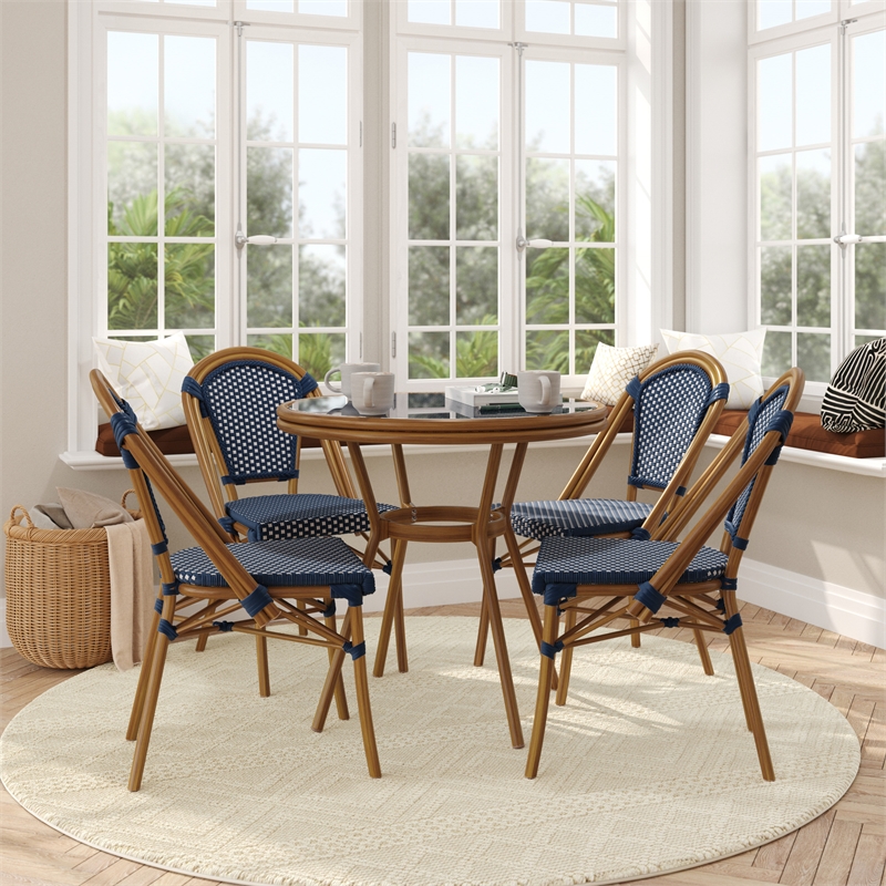 Afuera Living Indoor/Outdoor Bistro Set with Table & 4 Chairs in Navy/White