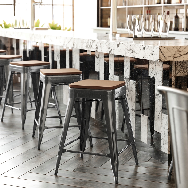 Afuera Living Indoor/Outdoor Backless Counter Stool with Poly Seat in Black/Teak