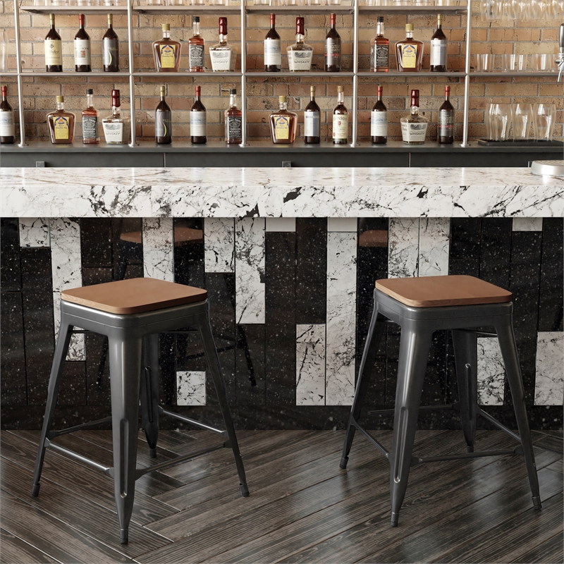 Afuera Living Indoor/Outdoor Backless Counter Stool with Poly Seat in Black/Teak