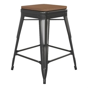 Afuera Living Indoor/Outdoor Backless Counter Stool with Poly Seat in Black/Teak