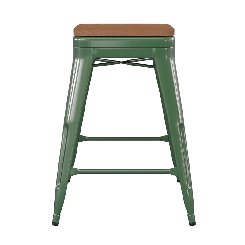 Afuera Living Indoor/Outdoor Backless Counter Stool with Poly Seat in Green/Teak