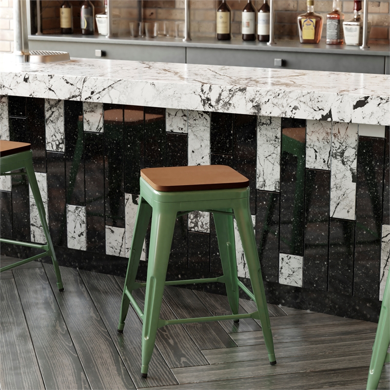 Afuera Living Indoor/Outdoor Backless Counter Stool with Poly Seat in Green/Teak