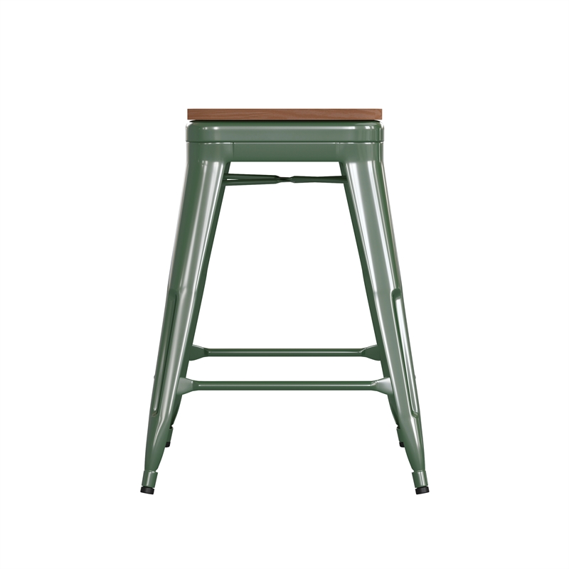 Afuera Living Indoor/Outdoor Backless Counter Stool with Poly Seat in Green/Teak