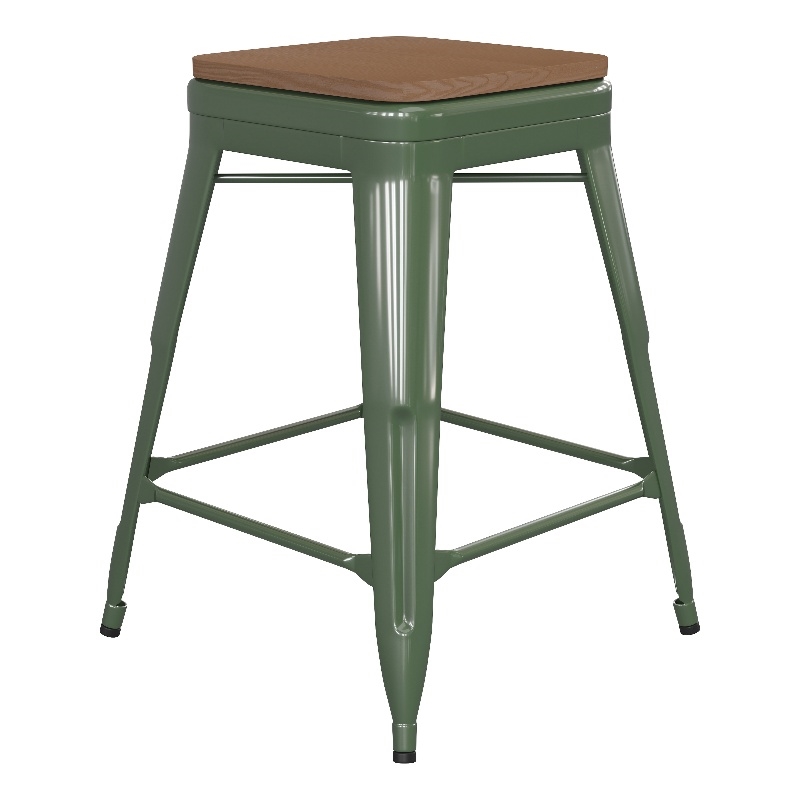 Afuera Living Indoor/Outdoor Backless Counter Stool with Poly Seat in Green/Teak
