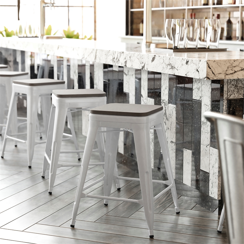 Afuera Living Indoor/Outdoor Backless Counter Stool with Poly Seat in White/Gray
