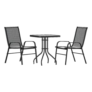 Afuera Living 3 Pc Patio Dining Set - 23.5&quot Glass Table 2 Black Stack Chairs