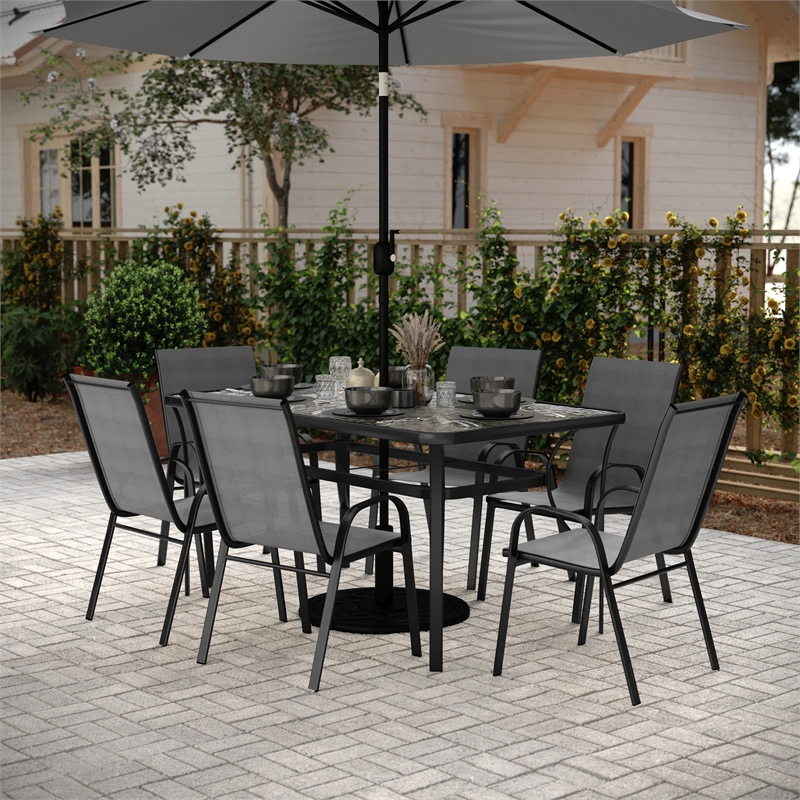 Afuera Living 7 Pc Outdoor Patio Dining Set with Glass Table & 6 Chairs in Gray