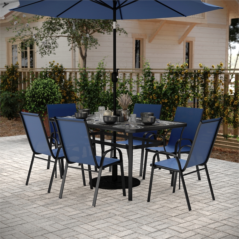 Afuera Living 7 Pc Outdoor Patio Dining Set with Glass Table & 6 Chairs in Navy
